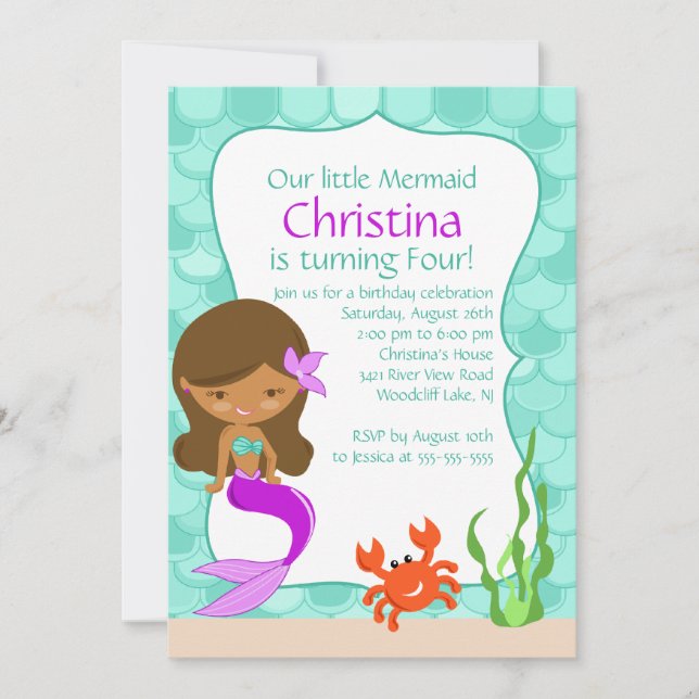 African American Mermaid Birthday Invitation (Front)
