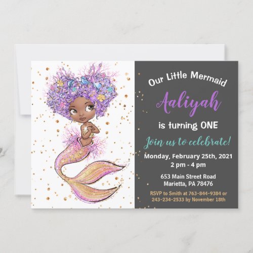 African American Mermaid Birthday Invitation