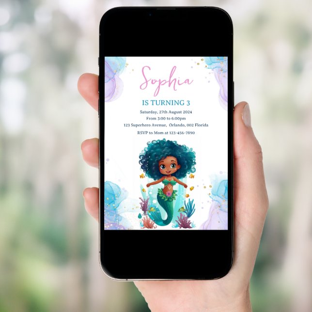 African American Mermaid Birthday Invitation (Front Digital)
