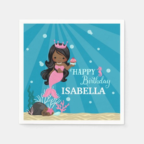 African American Mermaid Birthday Paper Napkins