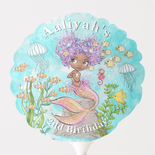 African American Mermaid Birthday Party Balloon (Front)