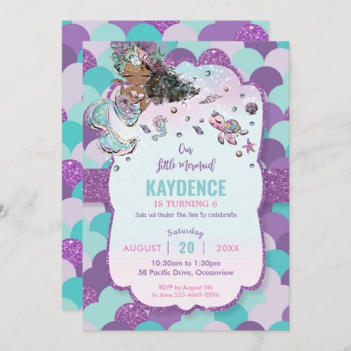 African American Mermaid Birthday Party Glitter Invitation