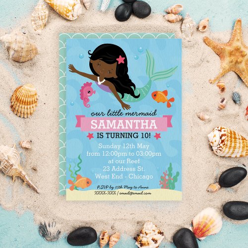 African American Mermaid Birthday Party Invitation