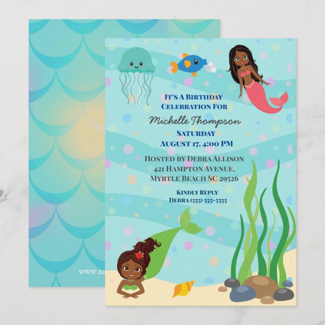 African American Mermaid Birthday Party  Invitation (Front/Back)