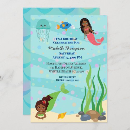African American Mermaid Birthday Party  Invitation