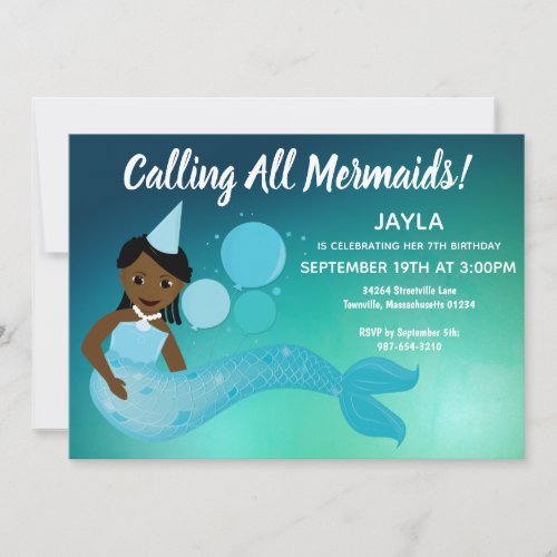 African American Mermaid Birthday Party Invitation