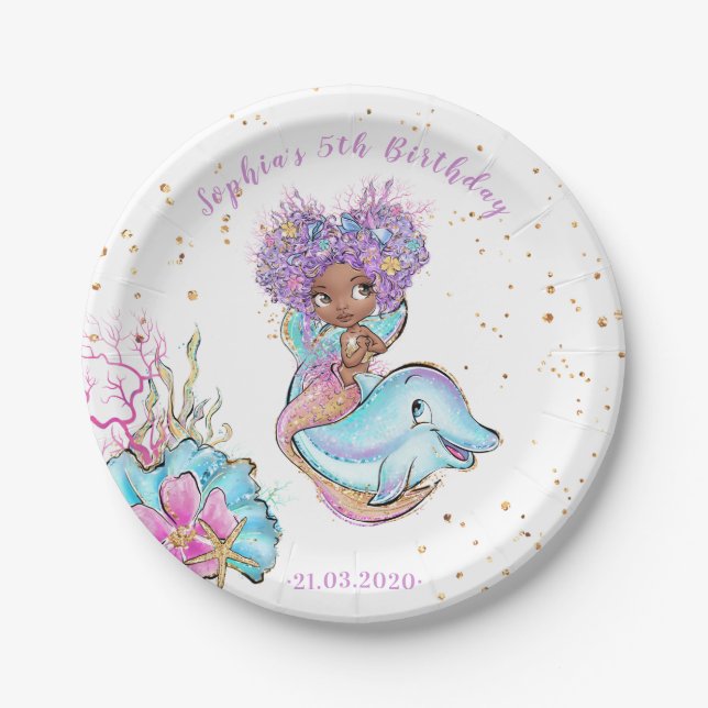 African American Mermaid Birthday Party Paper Plates (Front)