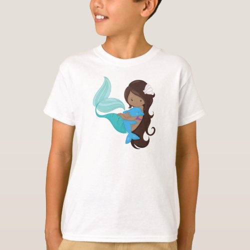 African American Mermaid Brown Hair Dolphin T_Shirt