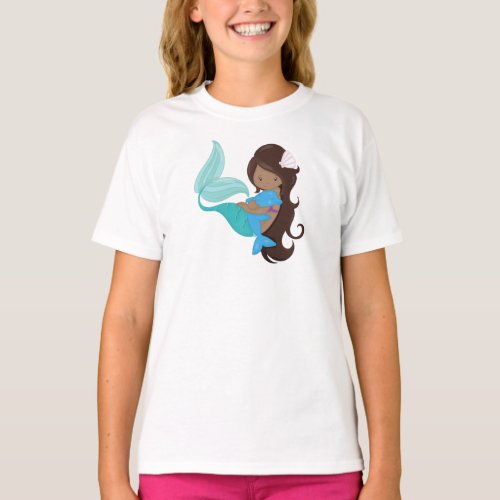 African American Mermaid Brown Hair Dolphin T_Shirt