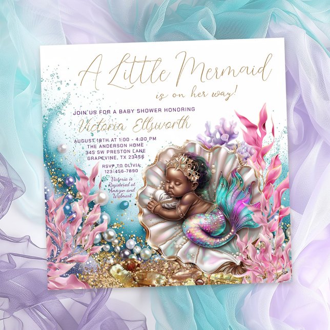 African American Mermaid Clamshell Baby Shower Invitation (Beautiful mermaid baby shower invitation with sweet baby mermaid sleeping in a clamshell.)