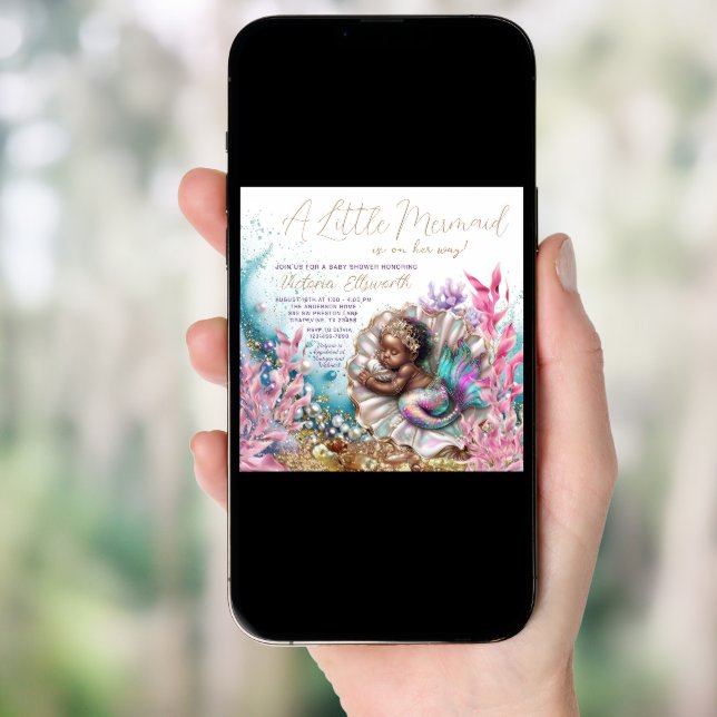 African American Mermaid Clamshell Baby Shower Invitation (Front Digital)