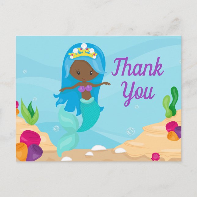 African American Mermaid Custom Kids Thank You Postcard (Front)