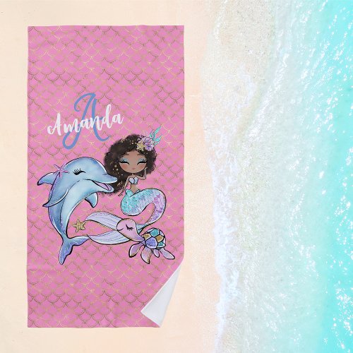 African American Mermaid Custom Name Girl Beach Towel