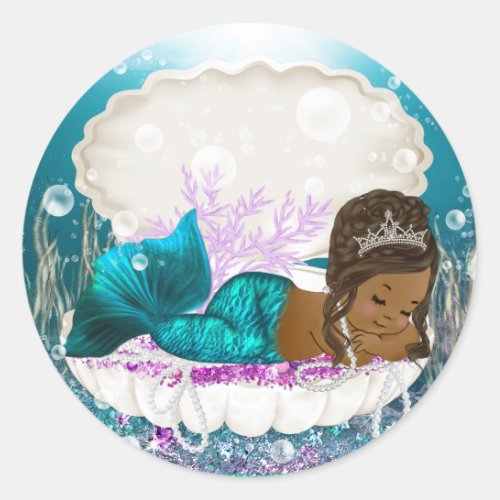African American Mermaid Girl Baby Shower Stickers