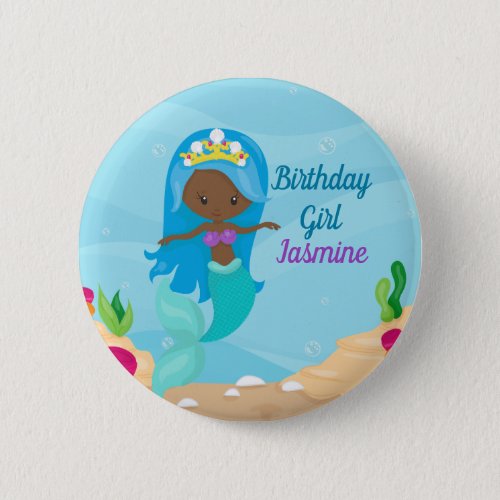 African American Mermaid Girl Beach Birthday Party Button