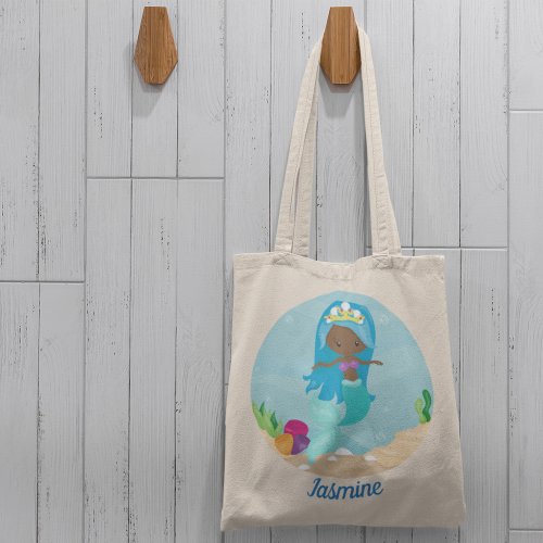 African American Mermaid Girl Cute Custom Beach Tote Bag