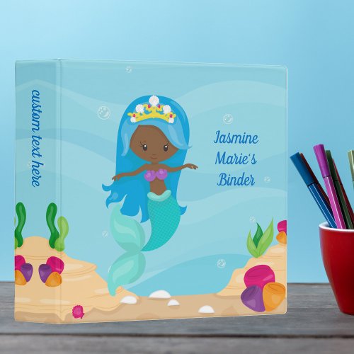 African American Mermaid Girl Cute Custom Kids 3 Ring Binder