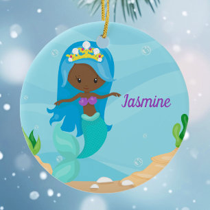 African American Mermaid Girl Cute Custom Kids Ceramic Ornament