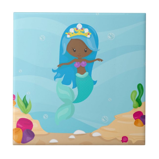 African American Mermaid Girl Cute Custom Kids Ceramic Tile (Front)