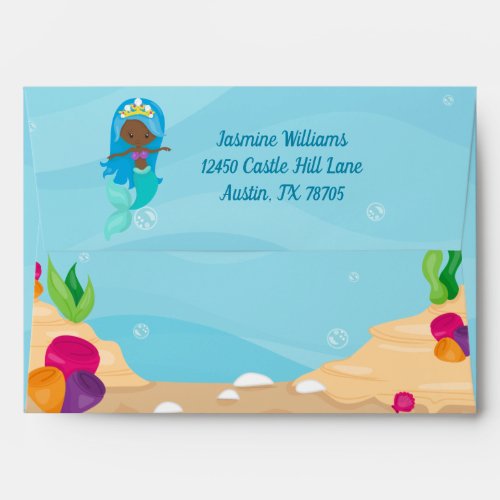African American Mermaid Girl Cute Custom Kids Envelope