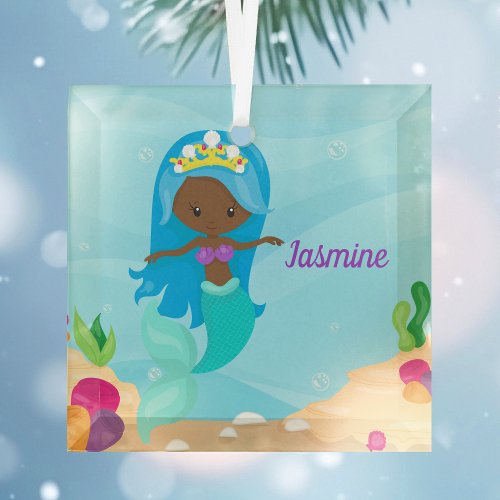 African American Mermaid Girl Cute Custom Kids Glass Ornament