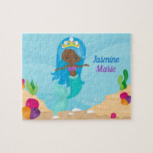 African American Mermaid Girl Cute Kids Custom Jigsaw Puzzle