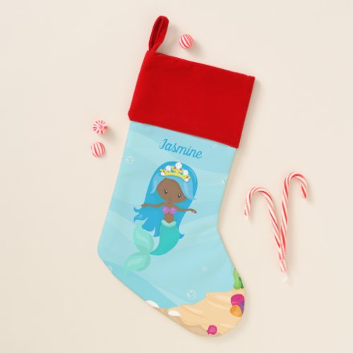 African American Mermaid Girl Cute Personalized Christmas Stocking