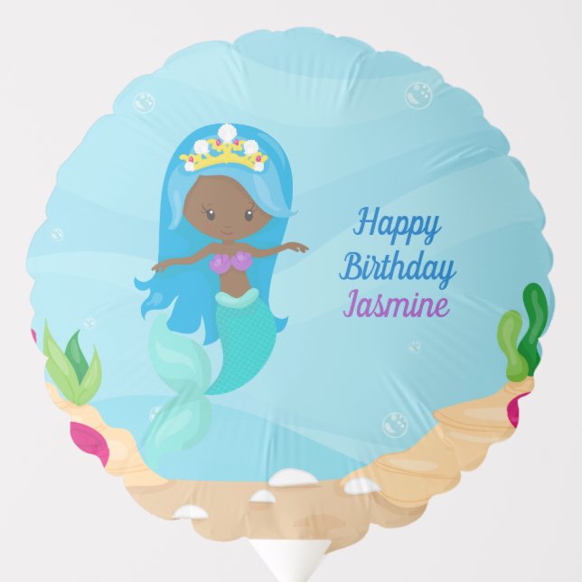 African American Mermaid Girl Happy Birthday Kids Balloon (Front)