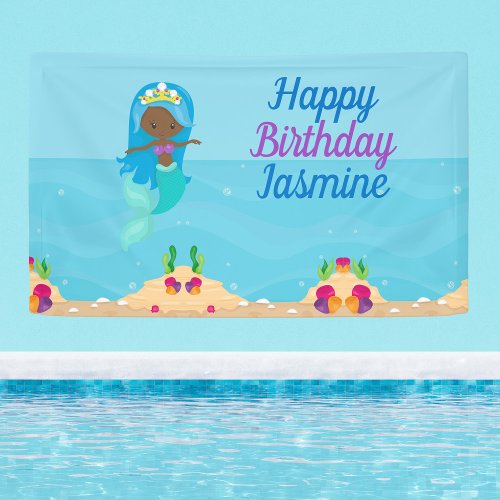 African American Mermaid Girl Kids Birthday Party Banner