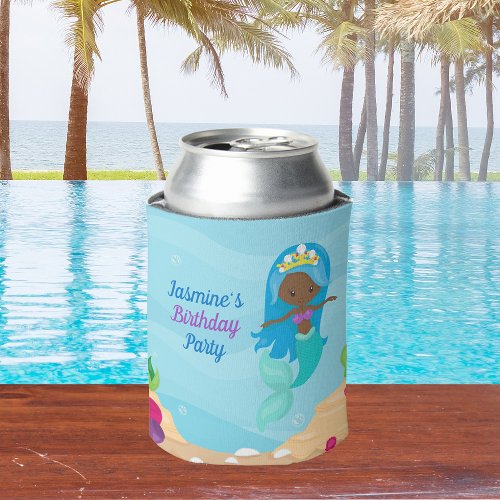 African American Mermaid Girl Kids Birthday Party Can Cooler