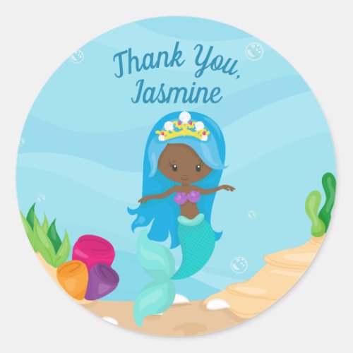 African American Mermaid Girl Kids Birthday Party Classic Round Sticker