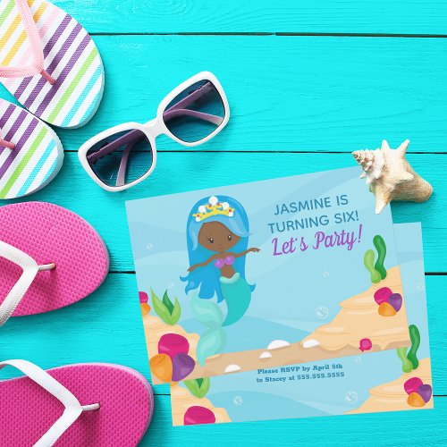 African American Mermaid Girl Kids Birthday Party Invitation