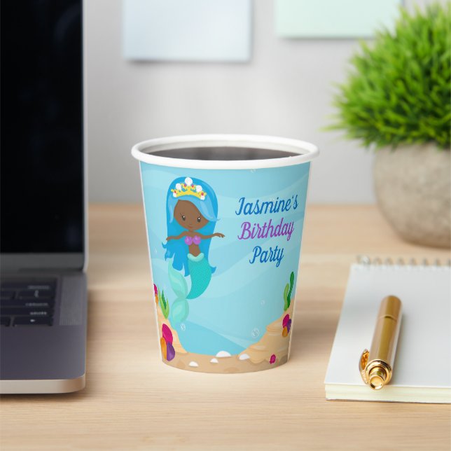 African American Mermaid Girl Kids Birthday Party Paper Cups | Zazzle