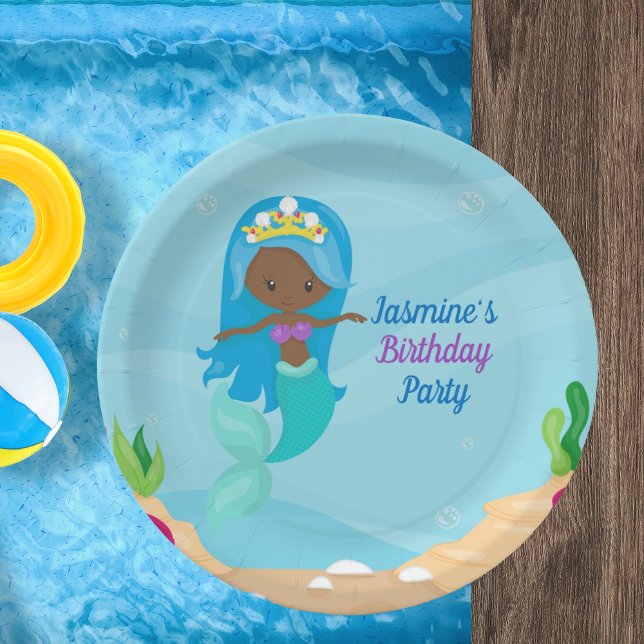 African American Mermaid Girl Kids Birthday Party Paper Plates (Creator Uploaded)