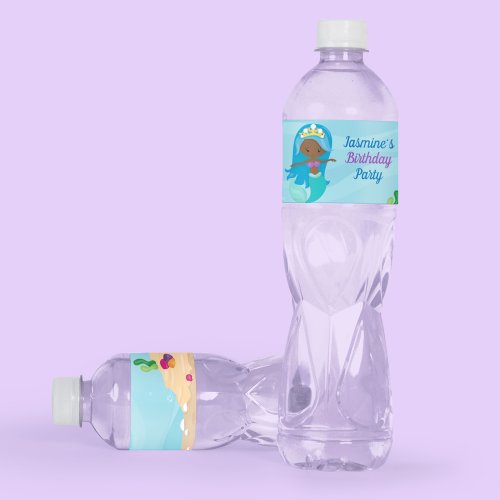 African American Mermaid Girl Kids Birthday Party Water Bottle Label