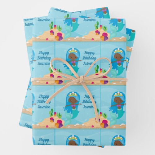 African American Mermaid Girl Kids Custom Birthday Wrapping Paper Sheets