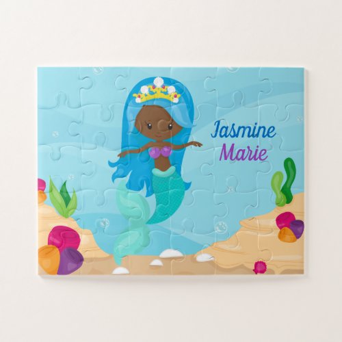 African American Mermaid Girl Kids Cute Custom Jigsaw Puzzle