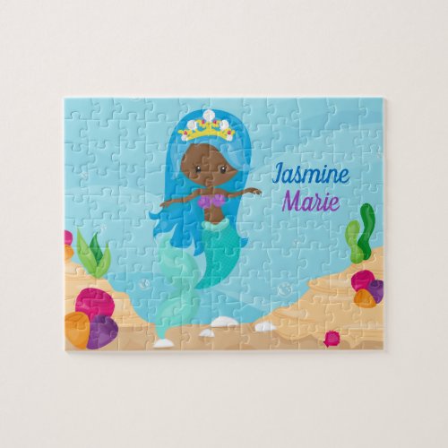 African American Mermaid Girl Kids Cute Custom Jigsaw Puzzle