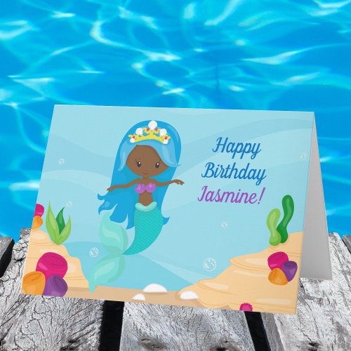 African American Mermaid Girl Kids Happy Birthday Card