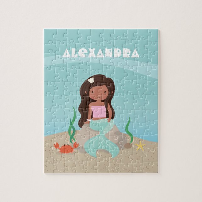African American Mermaid Girl Kids Personalized Jigsaw Puzzle (Vertical)