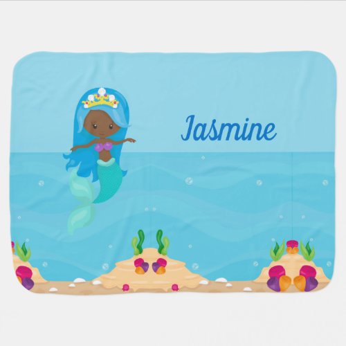 African American Mermaid Girl Personalized Beach  Baby Blanket