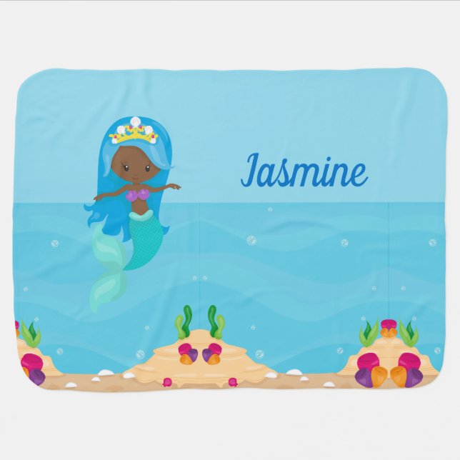 African American Mermaid Girl Personalized Beach  Baby Blanket (Horizontal)
