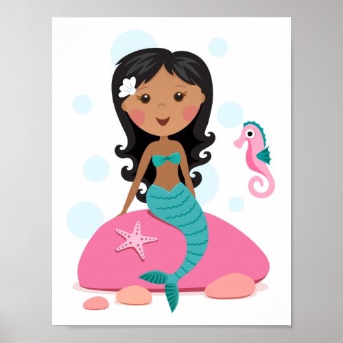 African American mermaid girl starfish seahorse Poster