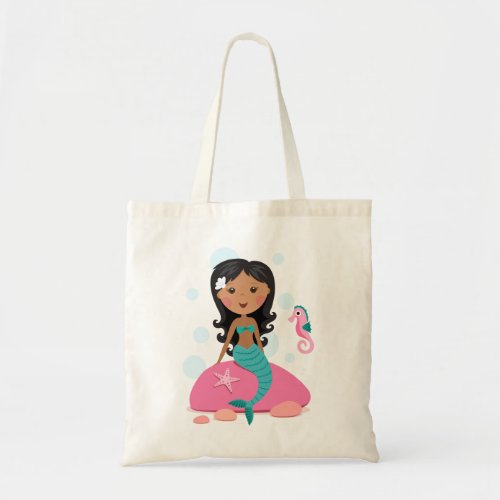 African American mermaid girl starfish seahorse Tote Bag