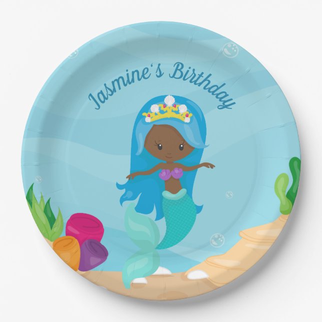 African American Mermaid Kids Birthday Party Paper Plates (Front)