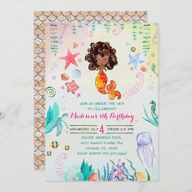 African American Mermaid Party Invitation (Front/Back)