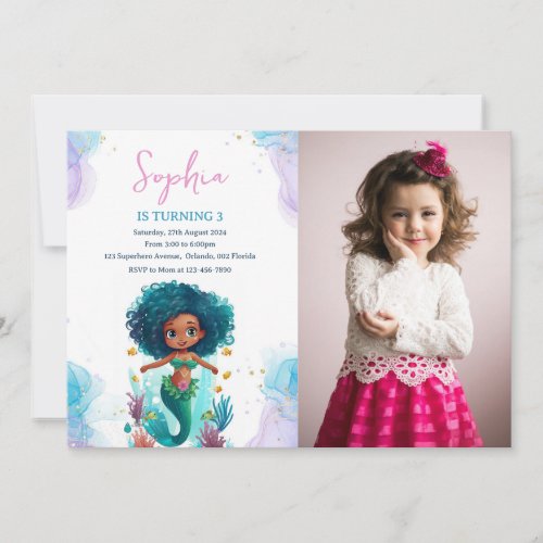 African American Mermaid Photo Birthday Invitation