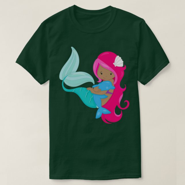 African American Mermaid Pink Hair Dolphin T-Shirt (Design Front)