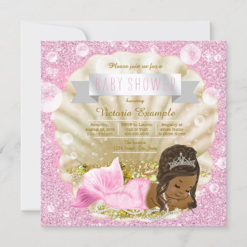 African American Mermaid Pink Pearl Baby Shower Invitation