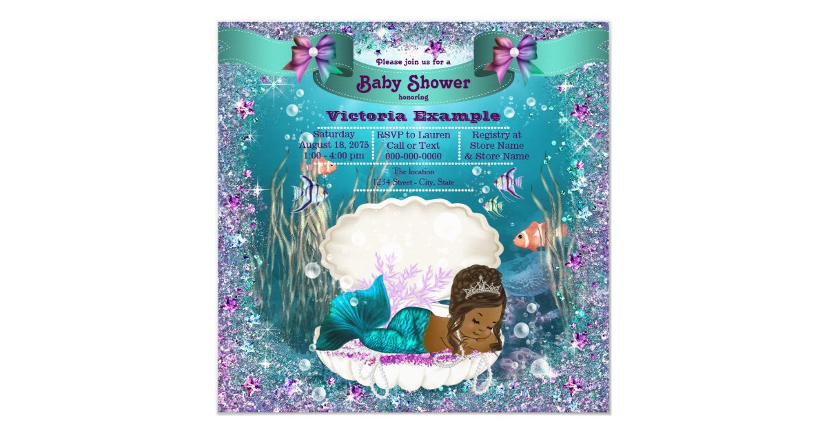 African American Mermaid Princess Baby Shower Invitation